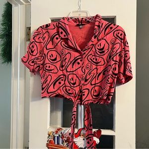 Lazy Oaf Warped Smiley Cropped Tie Button Up Top Size Large 💞